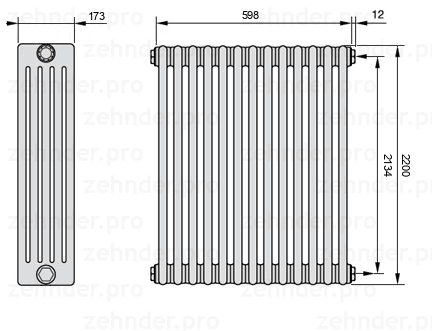 Схема (чертеж) Радиатор Zehnder Charleston 5220/13 №7610 Белый глянцевый RAL 9016